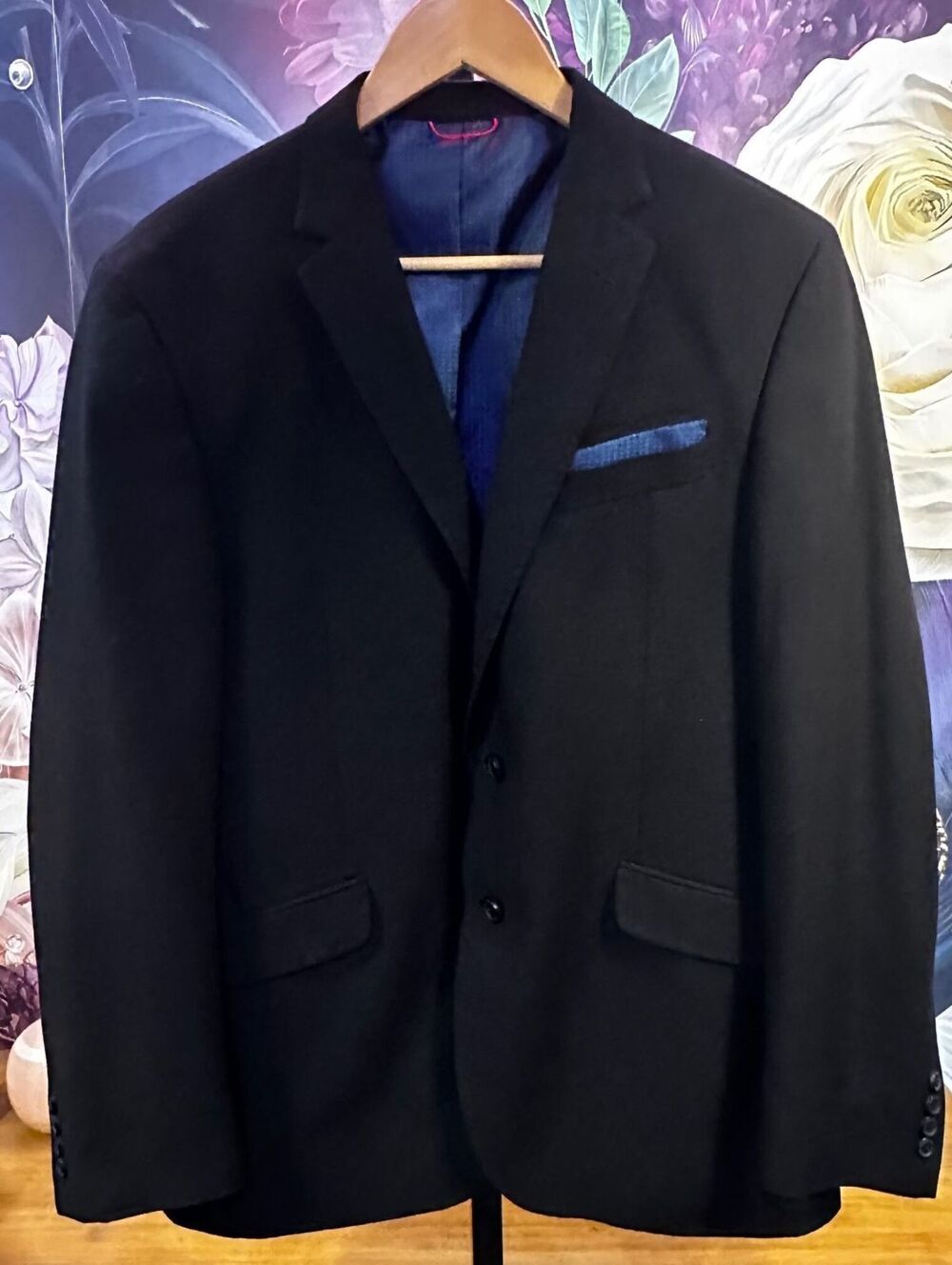 Billy London 42R Black Blazer Sport Coat Blue Lining Tailored Preppy Classic